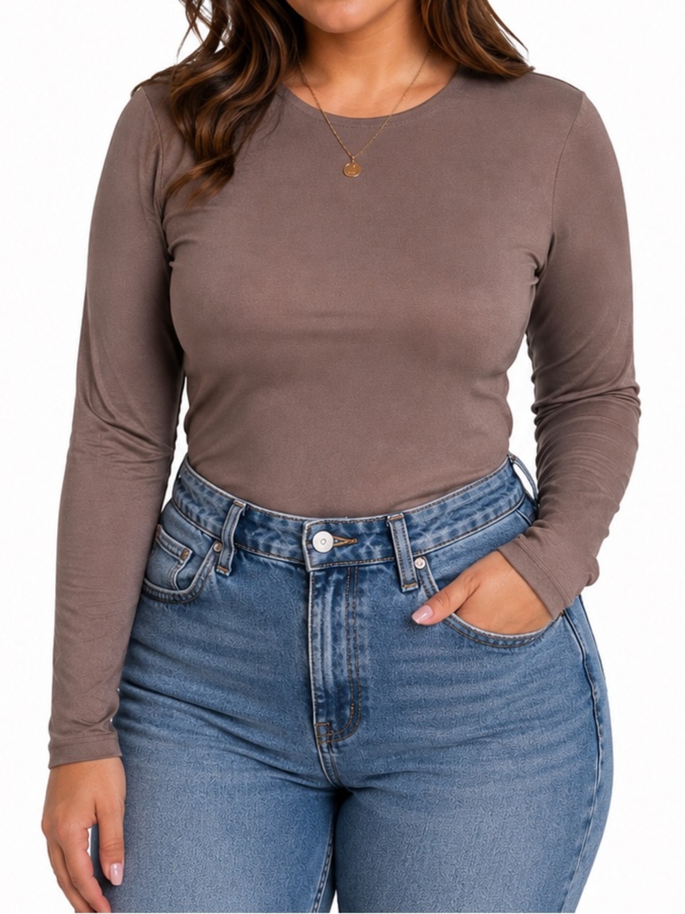 Long Sleeve Crewneck Top in Taupe- NEVER WORN